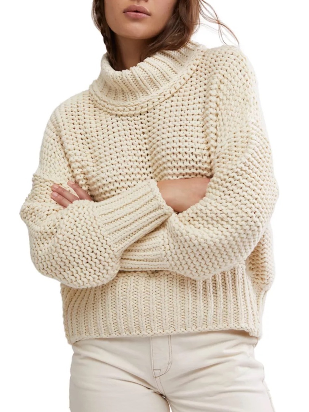 Free People Chunky Knit Sweater My Only Sunshine Cropped Cozy Boxy Cream M